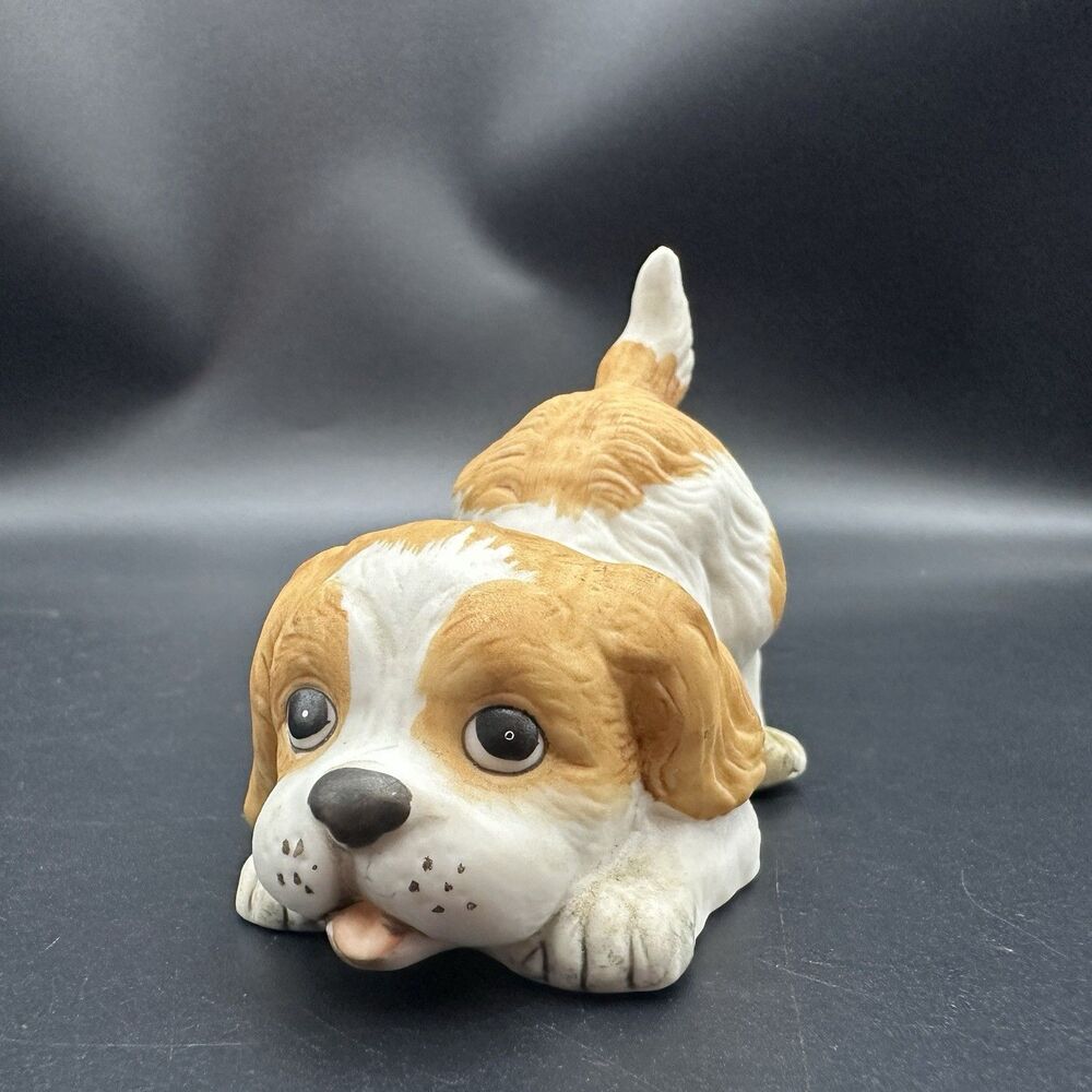 Vintage Homco #1407 Puppy Dog Bisque Porcelain Buff White Cocker Spaniel 3.5”